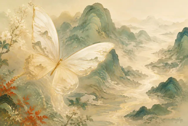 An imagined golden butterfly with mountain forms echoing across its wings.