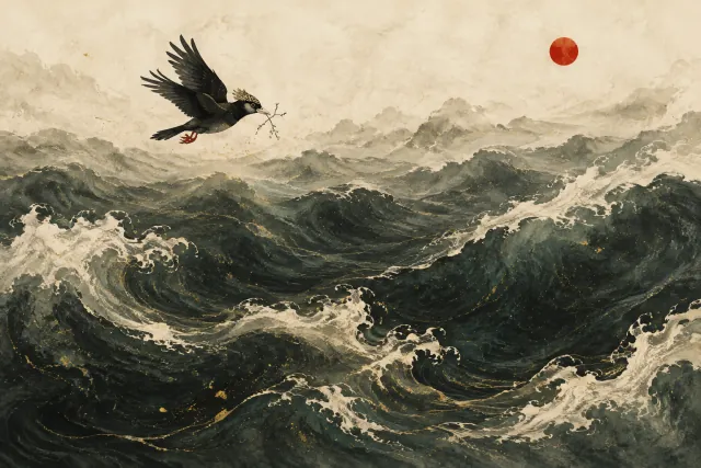 A white-beaked, red-footed mythic bird carries a twig over dark waves.