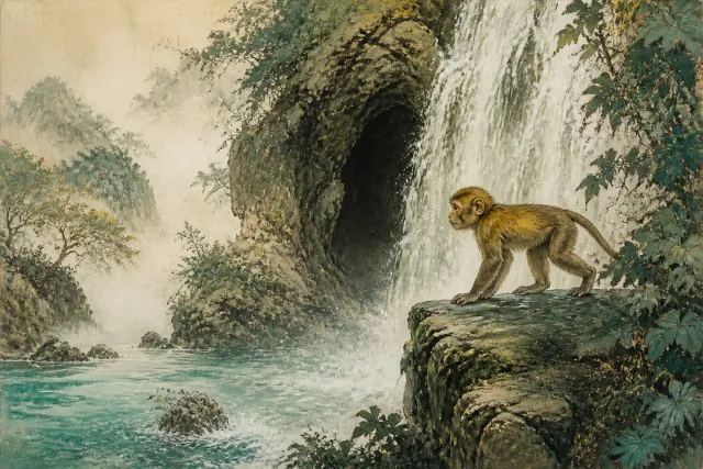 A small monkey faces a waterfall and a shadowed cave in an imagined landscape.
