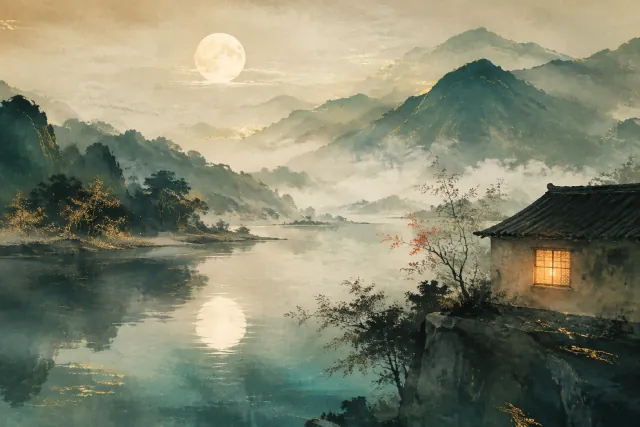 An imagined moonlit river and a warm window among jade mountains.