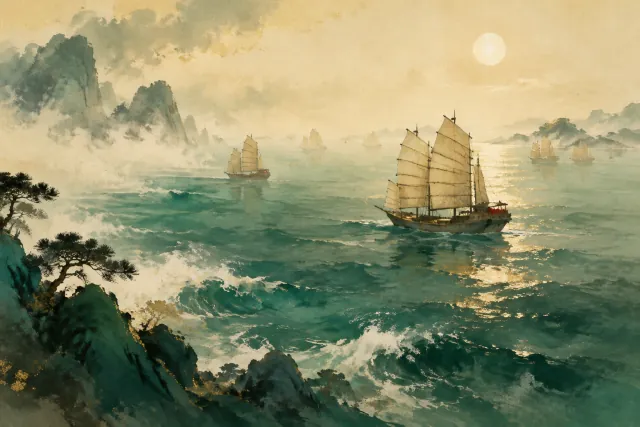Imagined sailing vessels cross a jade sea; no precise historical ship design is claimed.